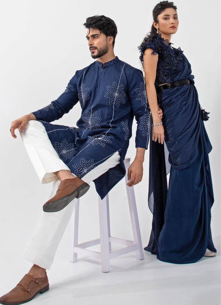Navy Blue Crepe Predraped Saree Set With Appliqué Blouse Smriti - Fabilicious Fashion
