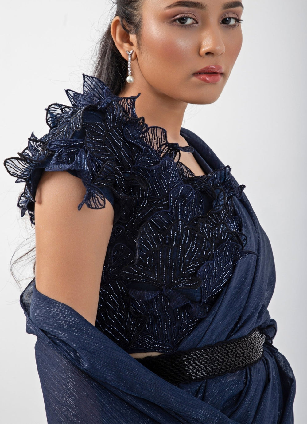 Navy Blue Crepe Predraped Saree Set With Appliqué Blouse Smriti - Fabilicious Fashion
