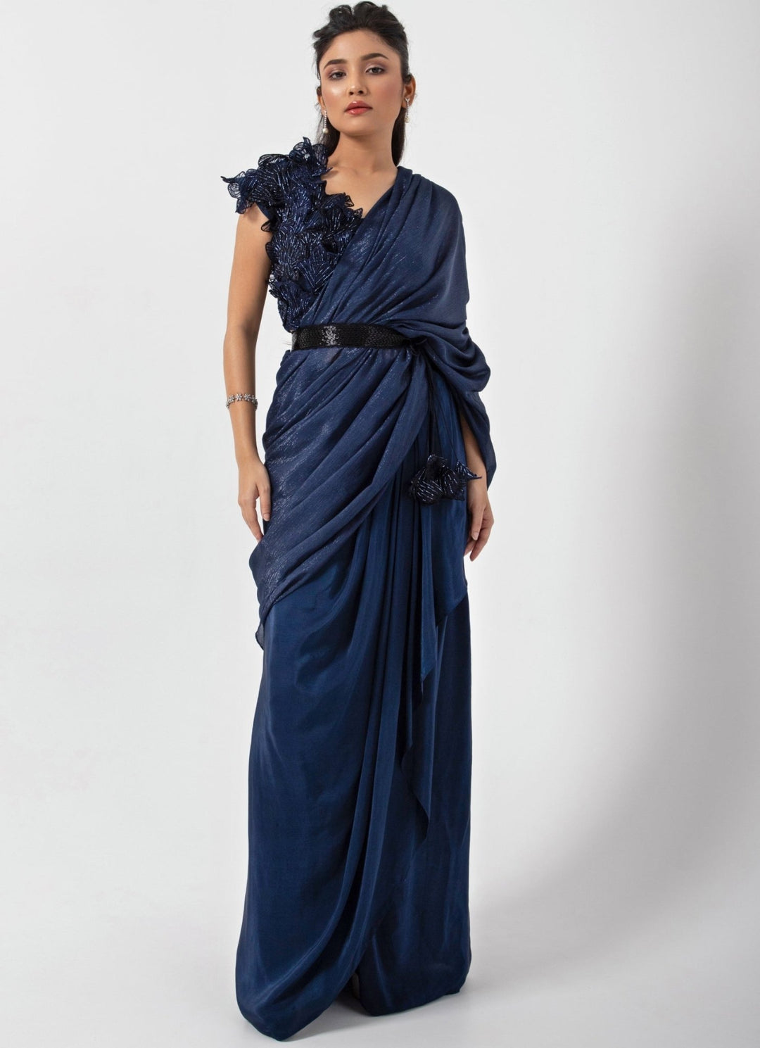 Navy Blue Crepe Predraped Saree Set With Appliqué Blouse Smriti - Fabilicious Fashion
