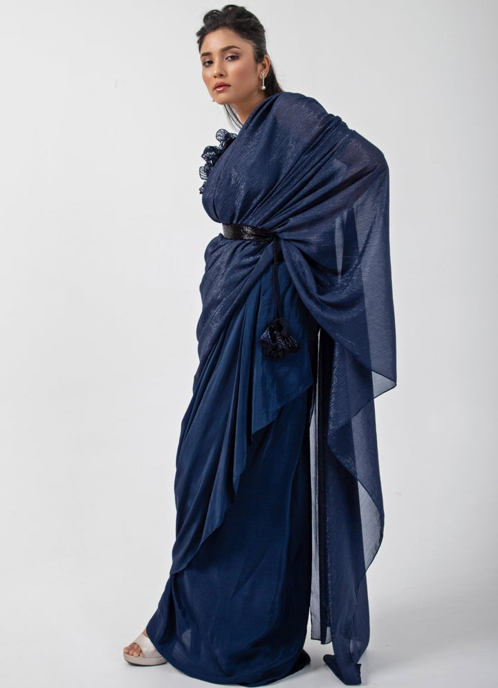 Navy Blue Crepe Predraped Saree Set With Appliqué Blouse Smriti - Fabilicious Fashion