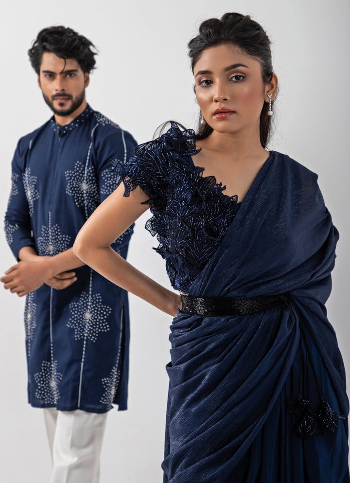 Navy Blue Crepe Predraped Saree Set With Appliqué Blouse Smriti - Fabilicious Fashion
