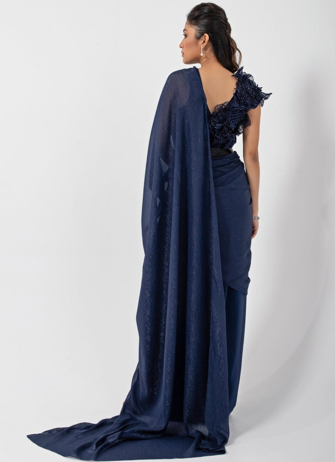 Navy Blue Crepe Predraped Saree Set With Appliqué Blouse Smriti - Fabilicious Fashion