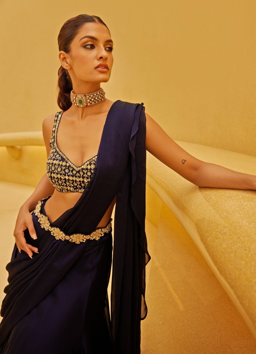 Navy Blue Draped Georgette Saree Set With Belt Prevasu - Fabilicious Fashion