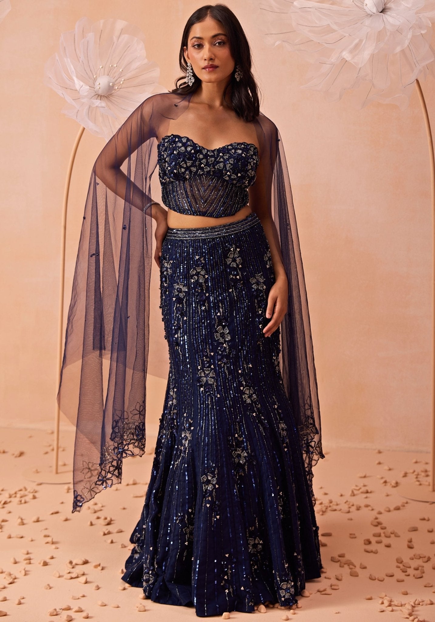 Navy blue embellished mermaid lehenga by Parul Gandhi