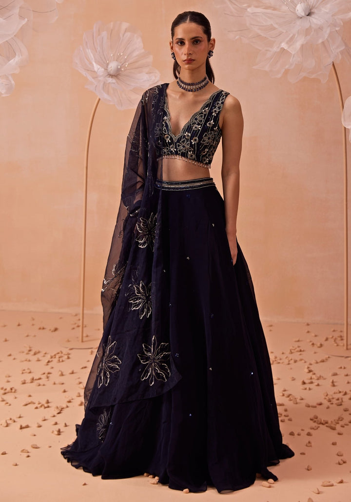 Navy Blue Embellished Organza Lehenga Set Parul Gandhi - Fabilicious Fashion