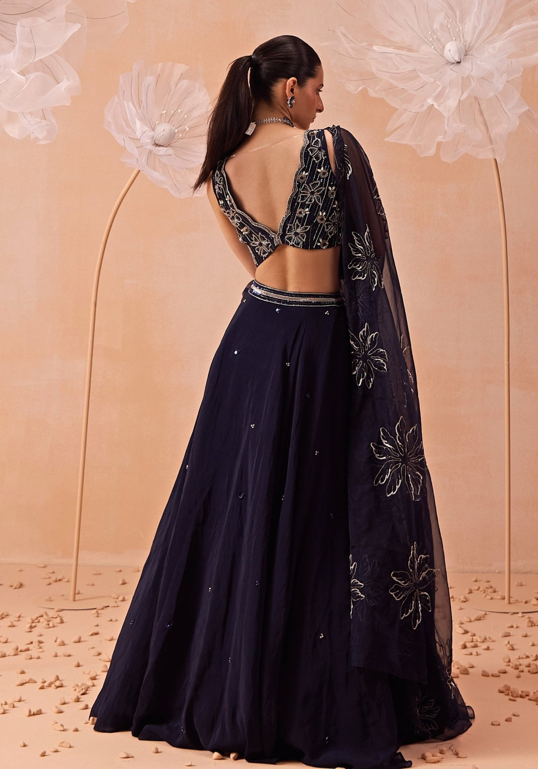 Navy Blue Embellished Organza Lehenga Set Parul Gandhi - Fabilicious Fashion