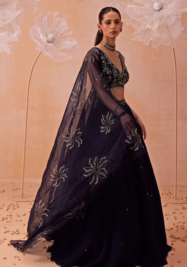 Navy Blue Embellished Organza Lehenga Set Parul Gandhi - Fabilicious Fashion