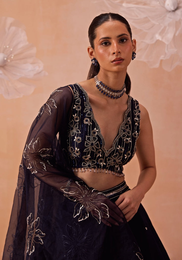 Navy Blue Embellished Organza Lehenga Set Parul Gandhi - Fabilicious Fashion