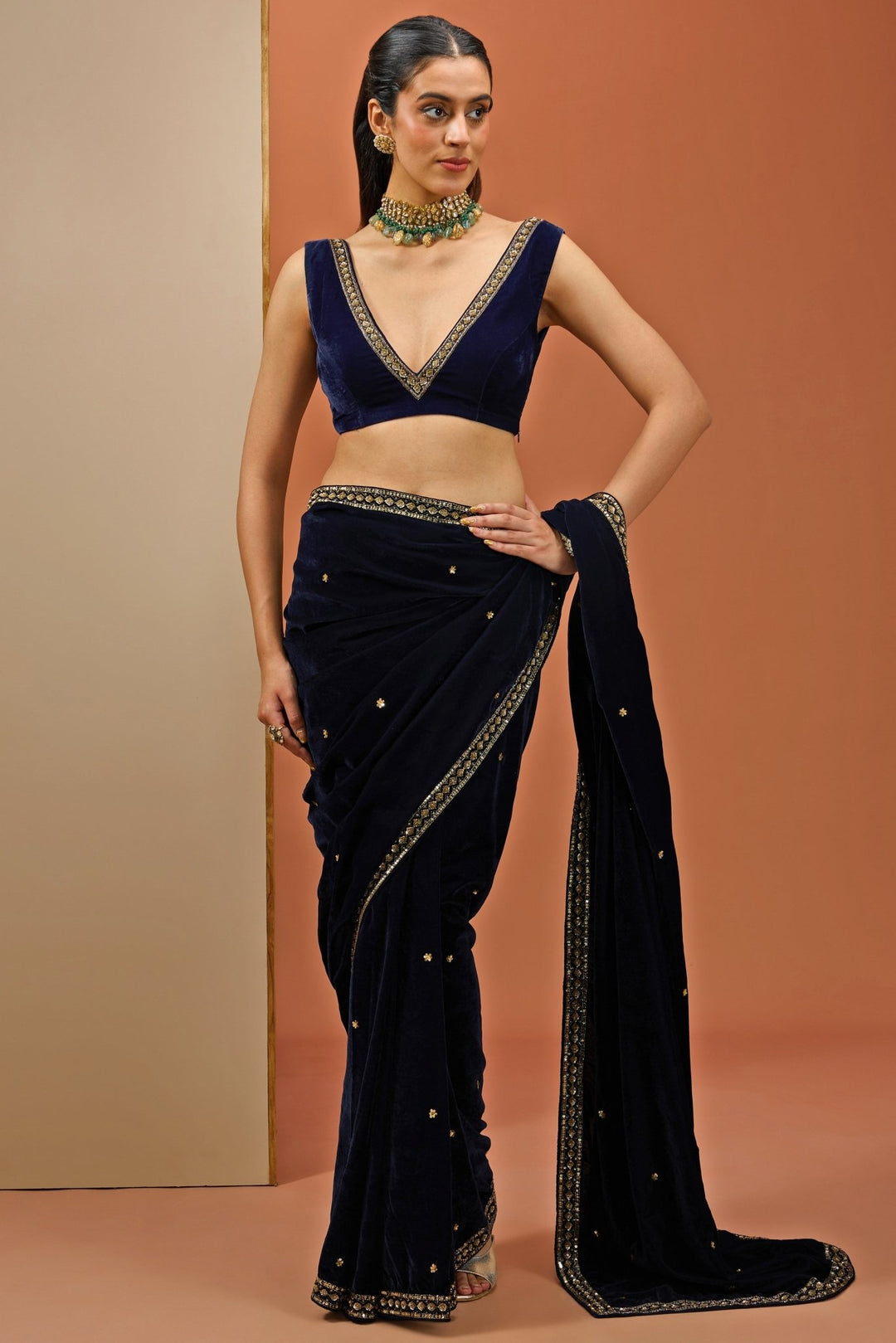 Navy Blue Embellished Velvet Saree Esha Koul - Fabilicious Fashion