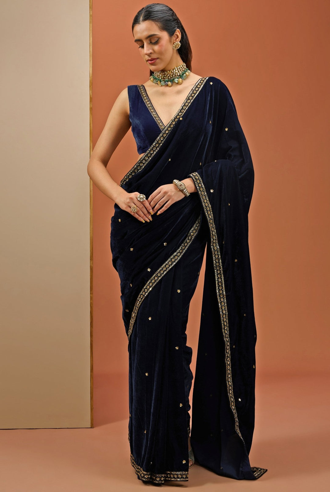 Navy Blue Embellished Velvet Saree Esha Koul - Fabilicious Fashion