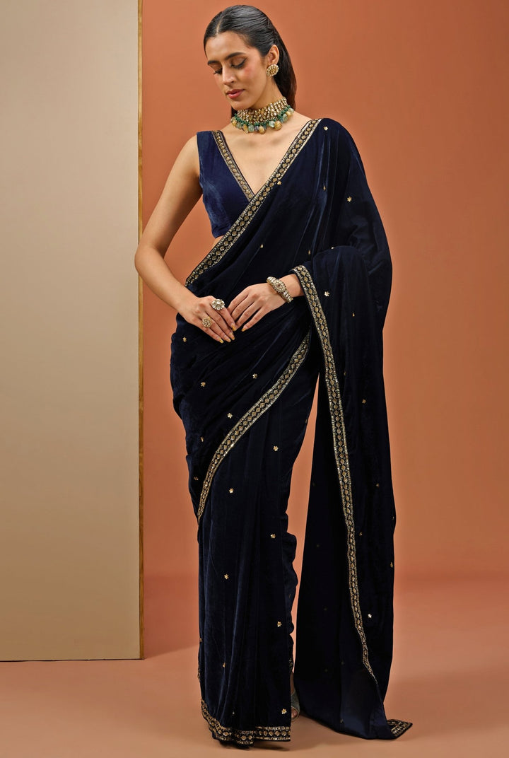 Navy Blue Embellished Velvet Saree Esha Koul - Fabilicious Fashion