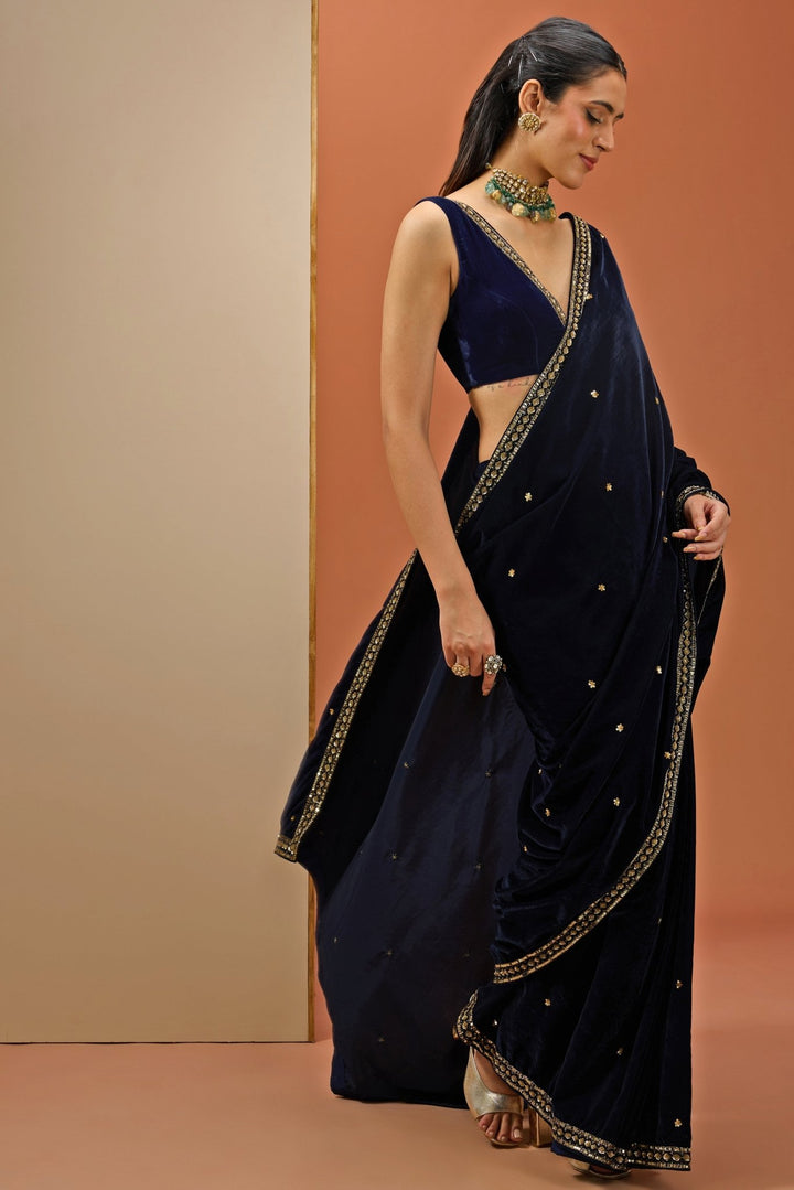 Navy Blue Embellished Velvet Saree Esha Koul - Fabilicious Fashion