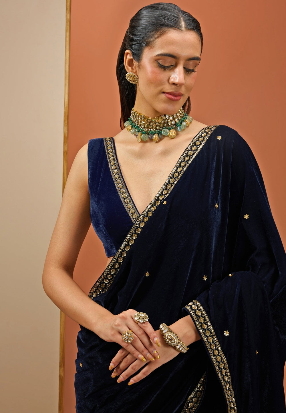 Navy Blue Embellished Velvet Saree Esha Koul - Fabilicious Fashion