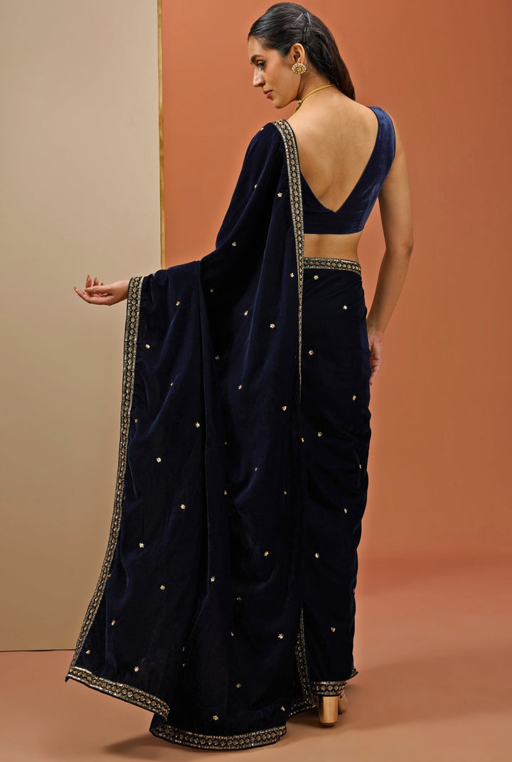Navy Blue Embellished Velvet Saree Esha Koul - Fabilicious Fashion