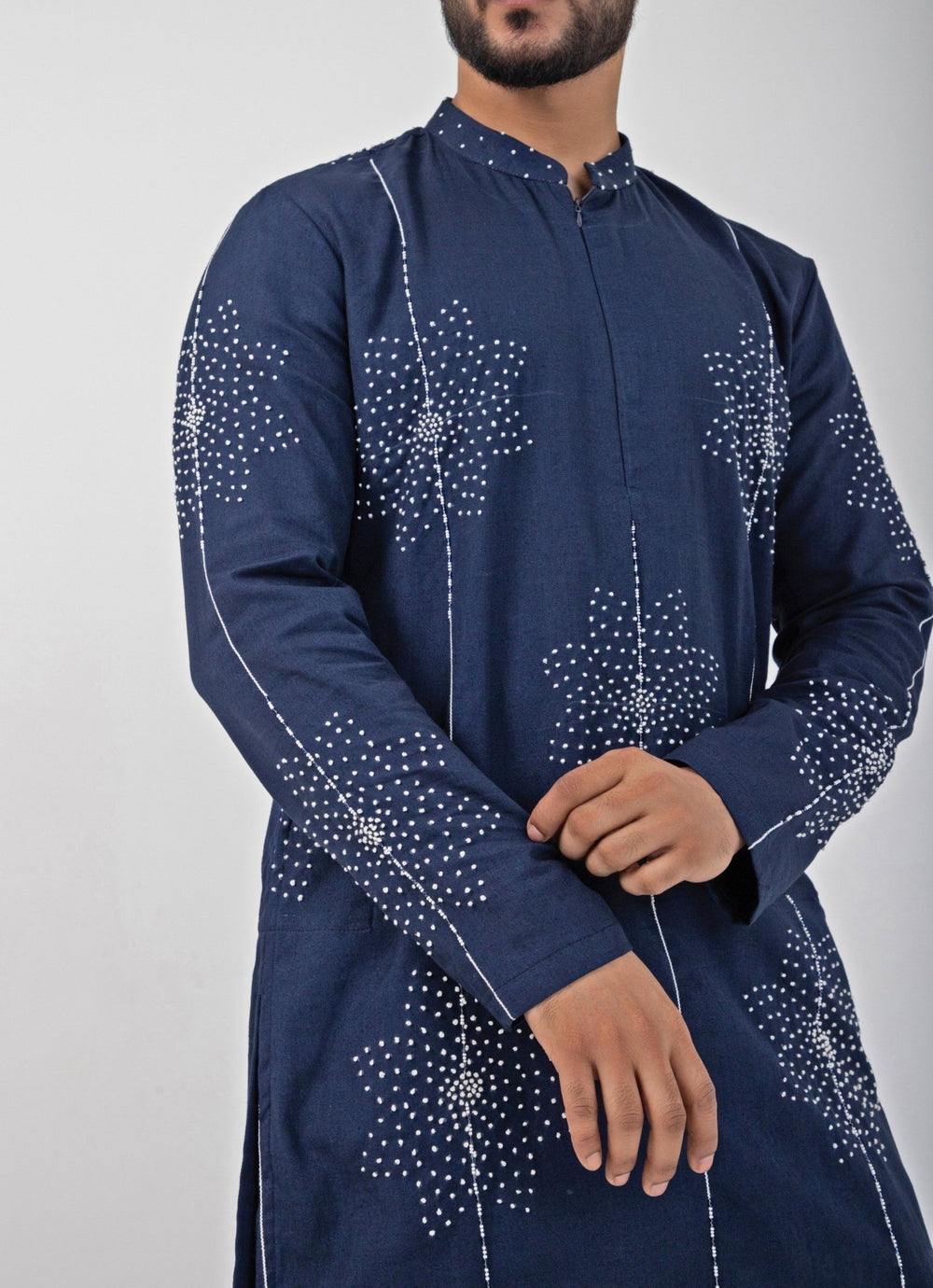 Navy Blue Embroidered Cotton Kurta Pants Set Smriti - Fabilicious Fashion
