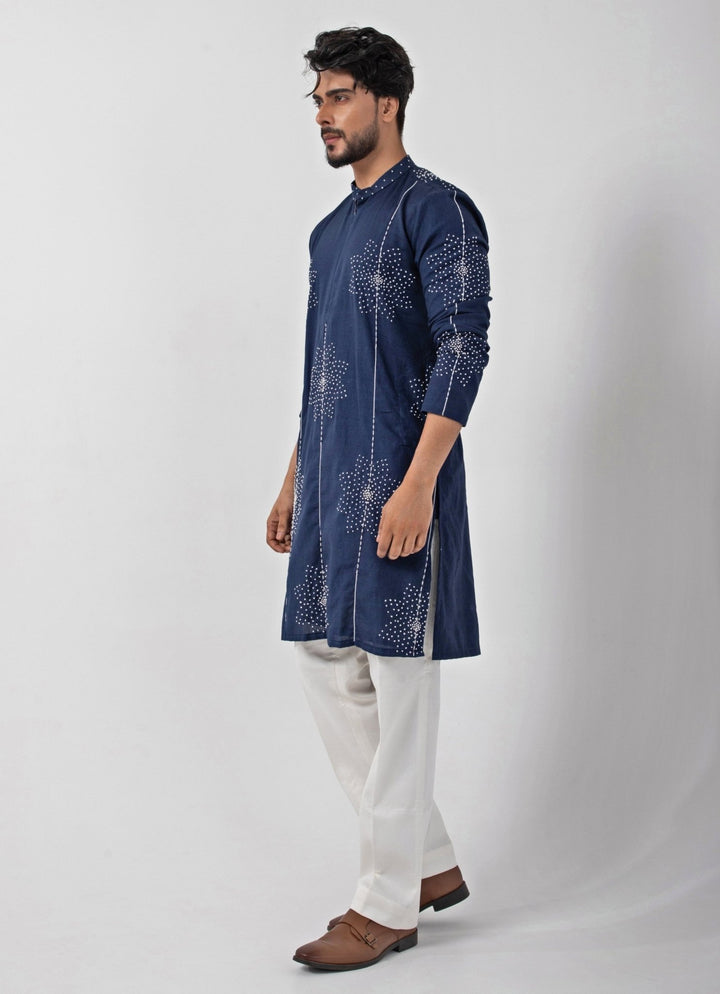 Navy Blue Embroidered Cotton Kurta Pants Set Smriti - Fabilicious Fashion