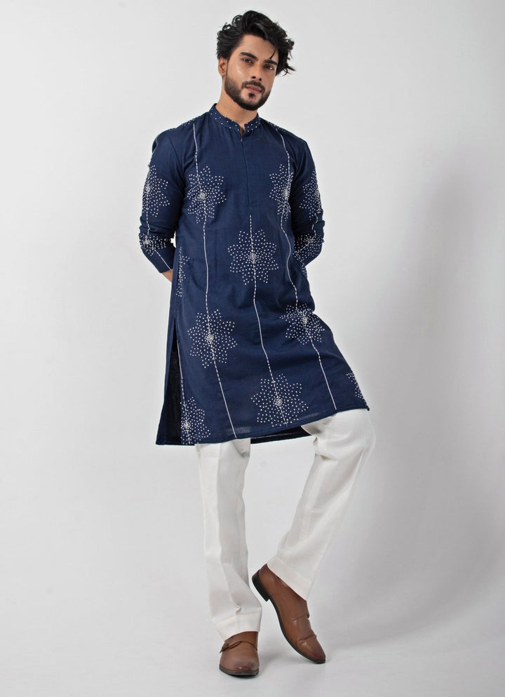 Navy Blue Embroidered Cotton Kurta Pants Set Smriti - Fabilicious Fashion