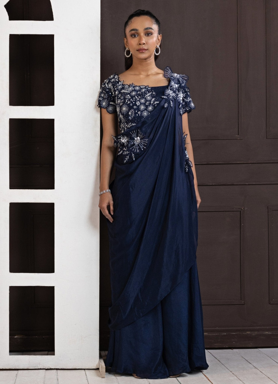 Navy Blue Embroidered Draped Pant Saree Smriti - Fabilicious Fashion