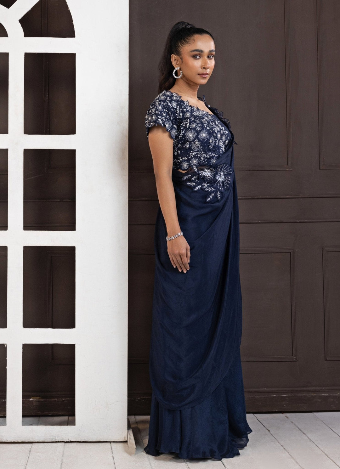 Navy Blue Embroidered Draped Pant Saree Smriti - Fabilicious Fashion