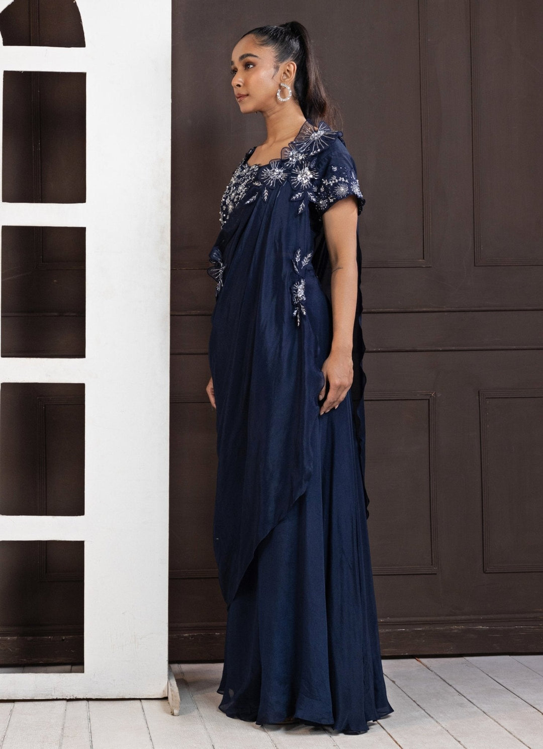 Navy Blue Embroidered Draped Pant Saree Smriti - Fabilicious Fashion