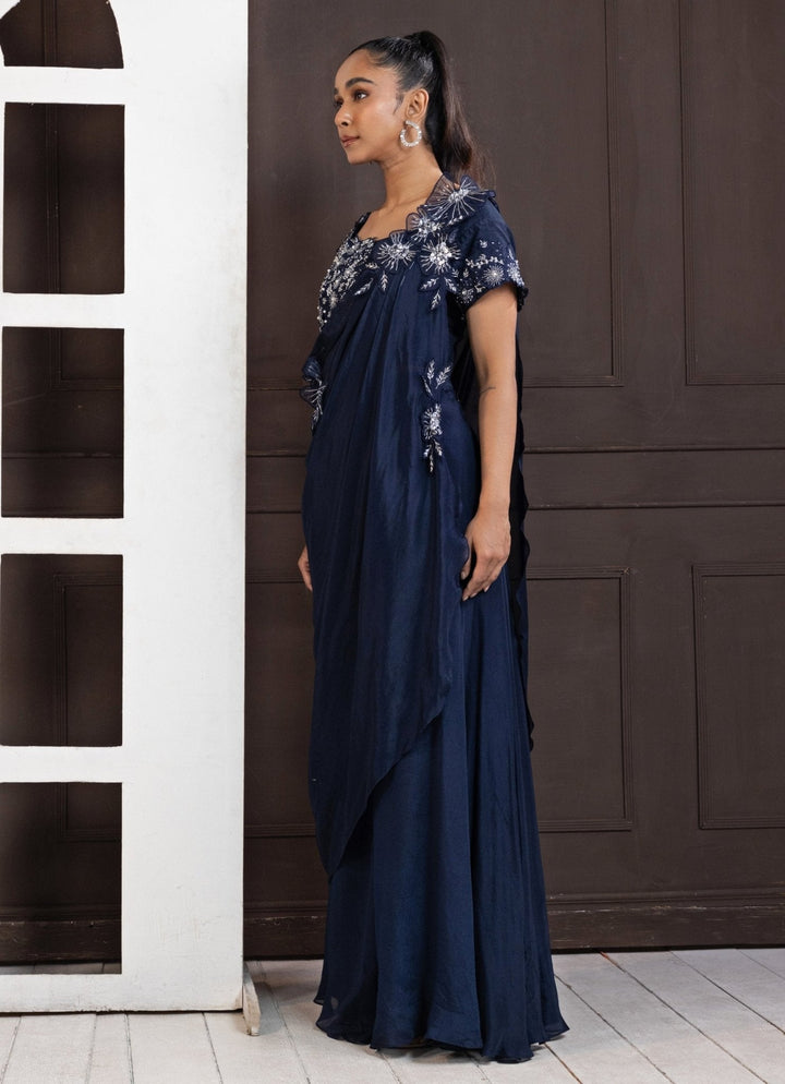 Navy Blue Embroidered Draped Pant Saree Smriti - Fabilicious Fashion