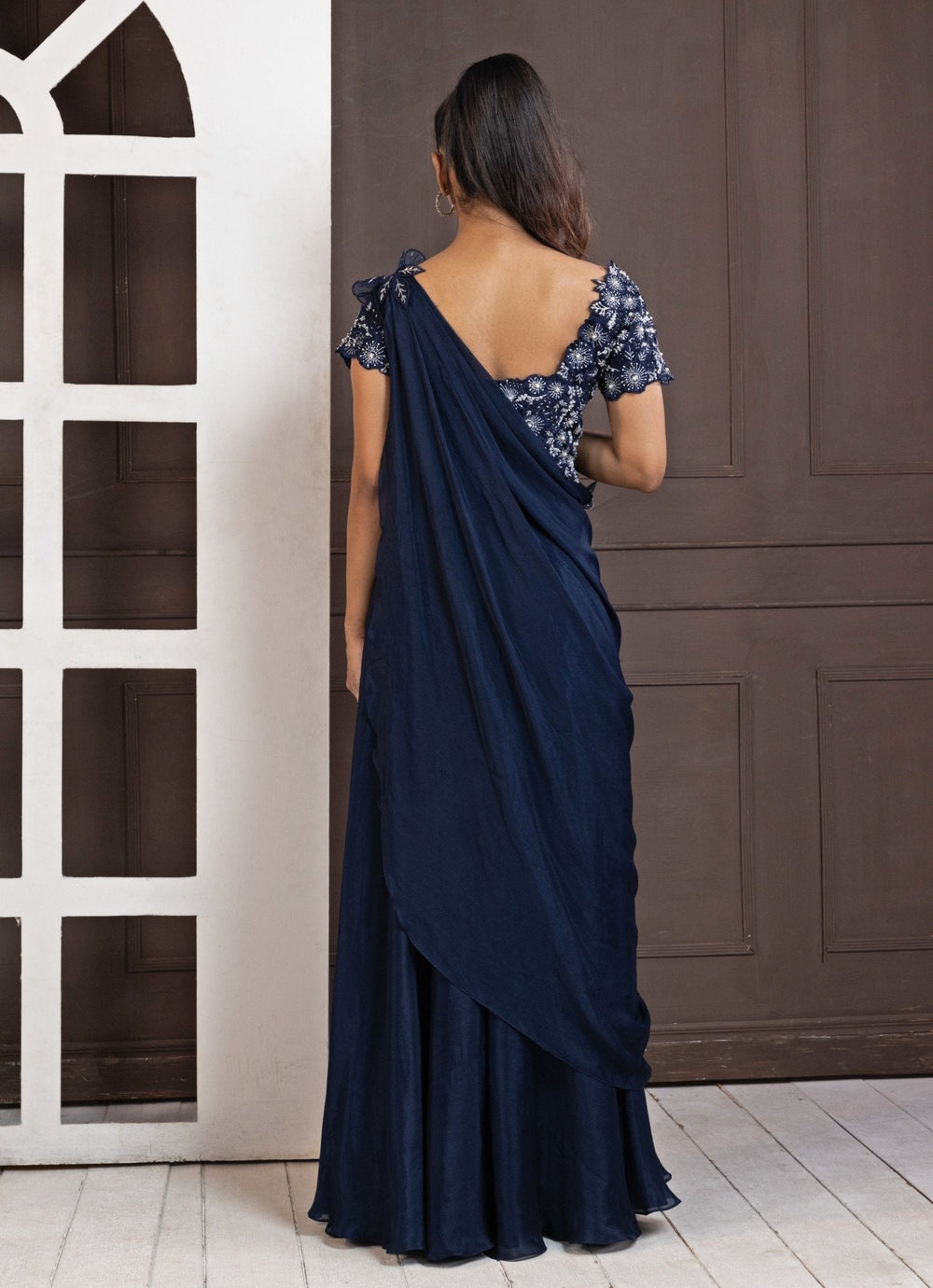 Navy Blue Embroidered Draped Pant Saree Smriti - Fabilicious Fashion