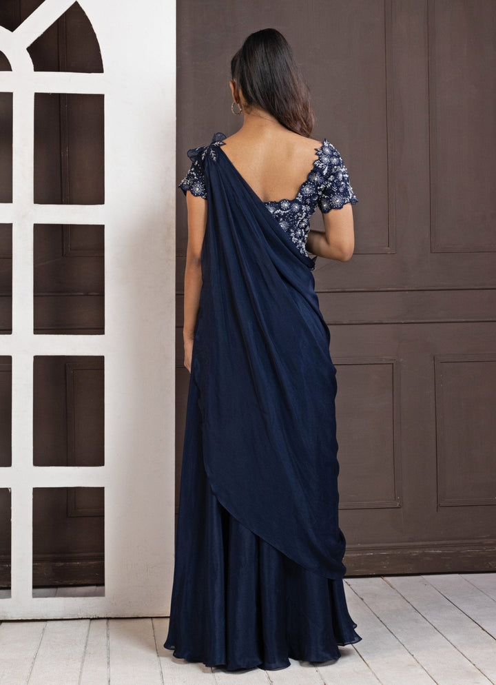 Navy Blue Embroidered Draped Pant Saree Smriti - Fabilicious Fashion