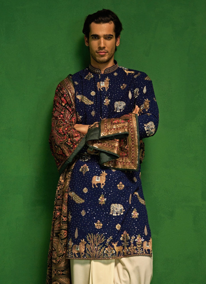 Navy Blue Embroidered Georgette Dhoti Kurta Set Kalpraag - Fabilicious Fashion