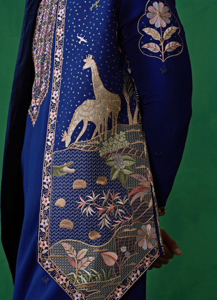Navy Blue Embroidered Georgette Kurta Jacket Set Kalpraag - Fabilicious Fashion