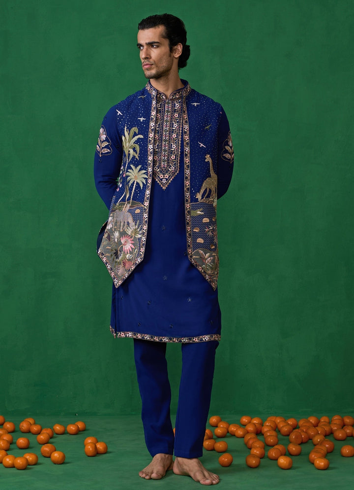 Navy Blue Embroidered Georgette Kurta Jacket Set Kalpraag - Fabilicious Fashion