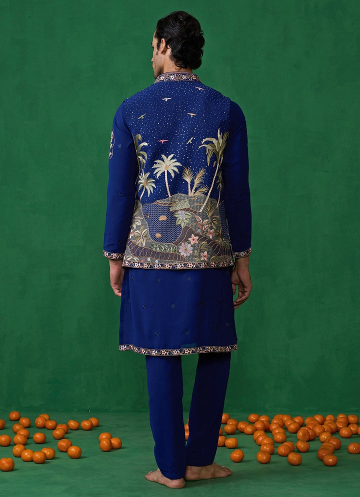 Navy Blue Embroidered Georgette Kurta Jacket Set Kalpraag - Fabilicious Fashion