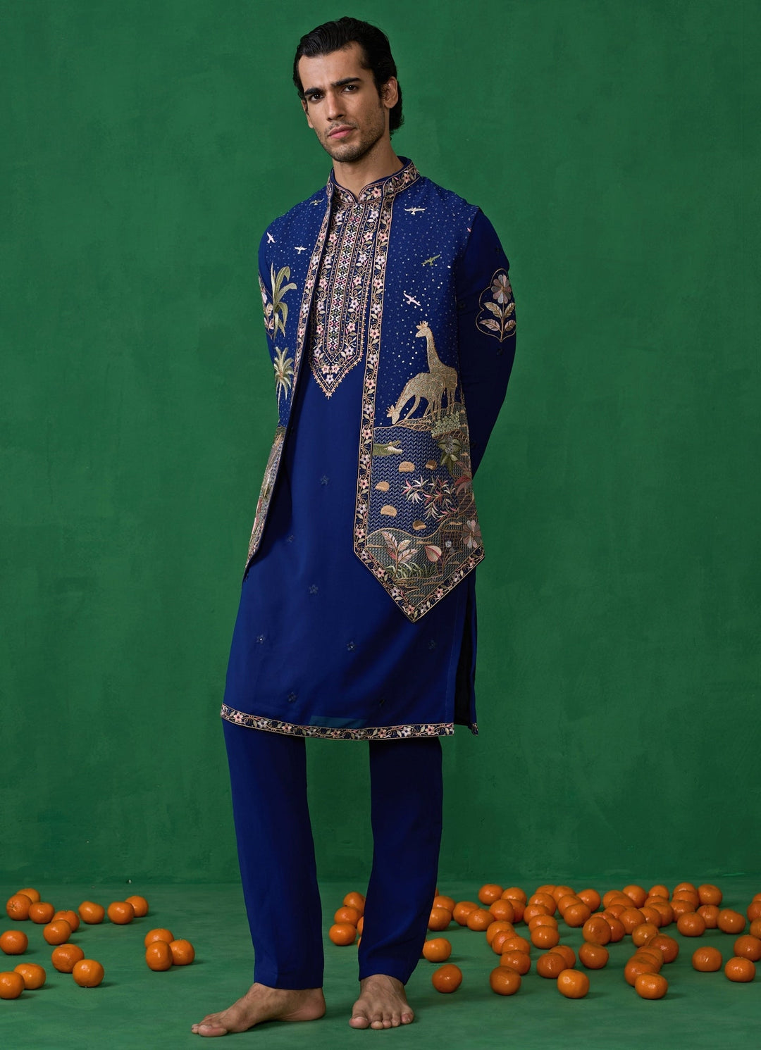 Navy Blue Embroidered Georgette Kurta Jacket Set Kalpraag - Fabilicious Fashion