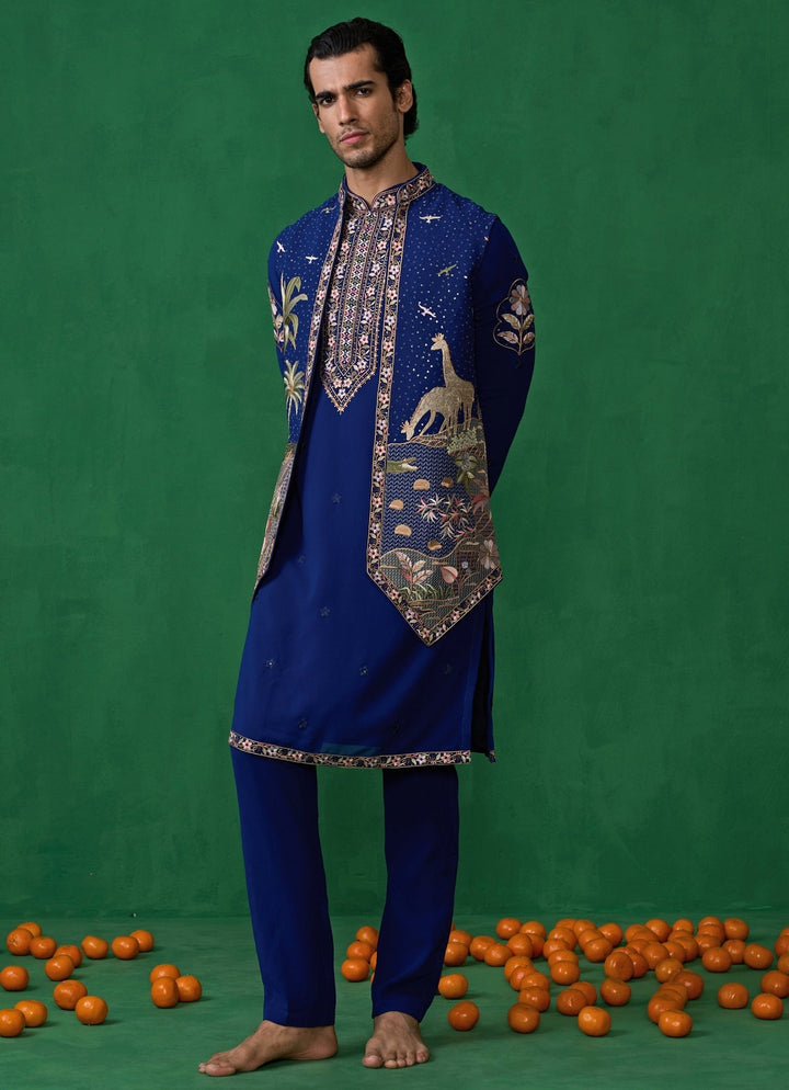 Navy Blue Embroidered Georgette Kurta Jacket Set Kalpraag - Fabilicious Fashion