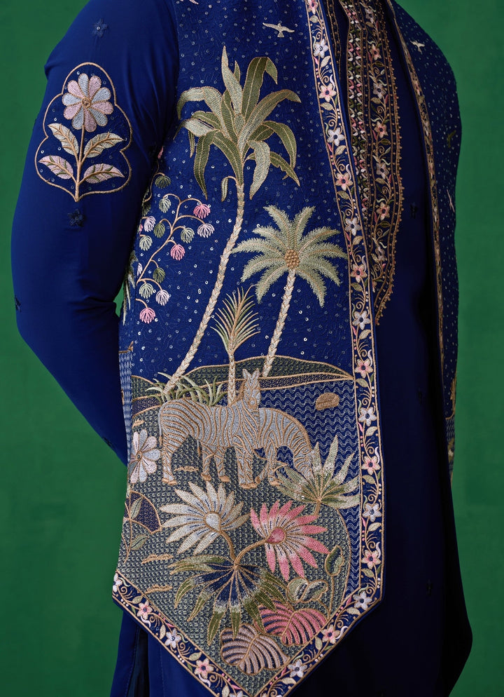Navy Blue Embroidered Georgette Kurta Jacket Set Kalpraag - Fabilicious Fashion