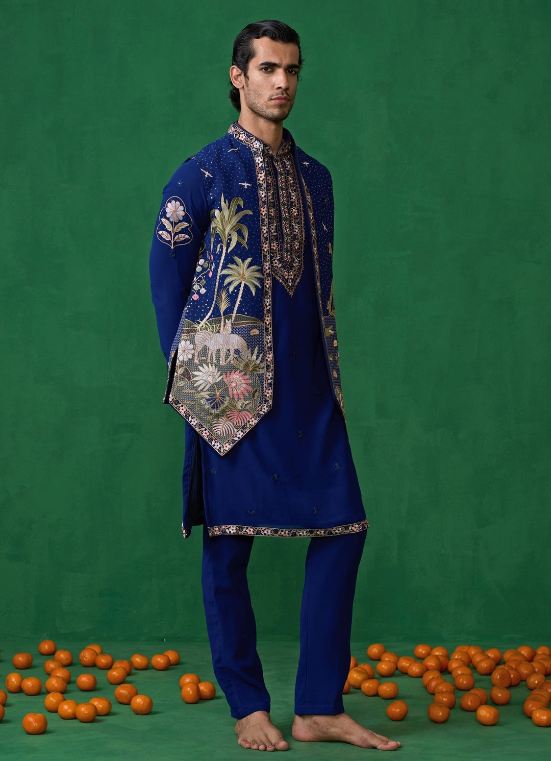 Navy Blue Embroidered Georgette Kurta Jacket Set Kalpraag - Fabilicious Fashion