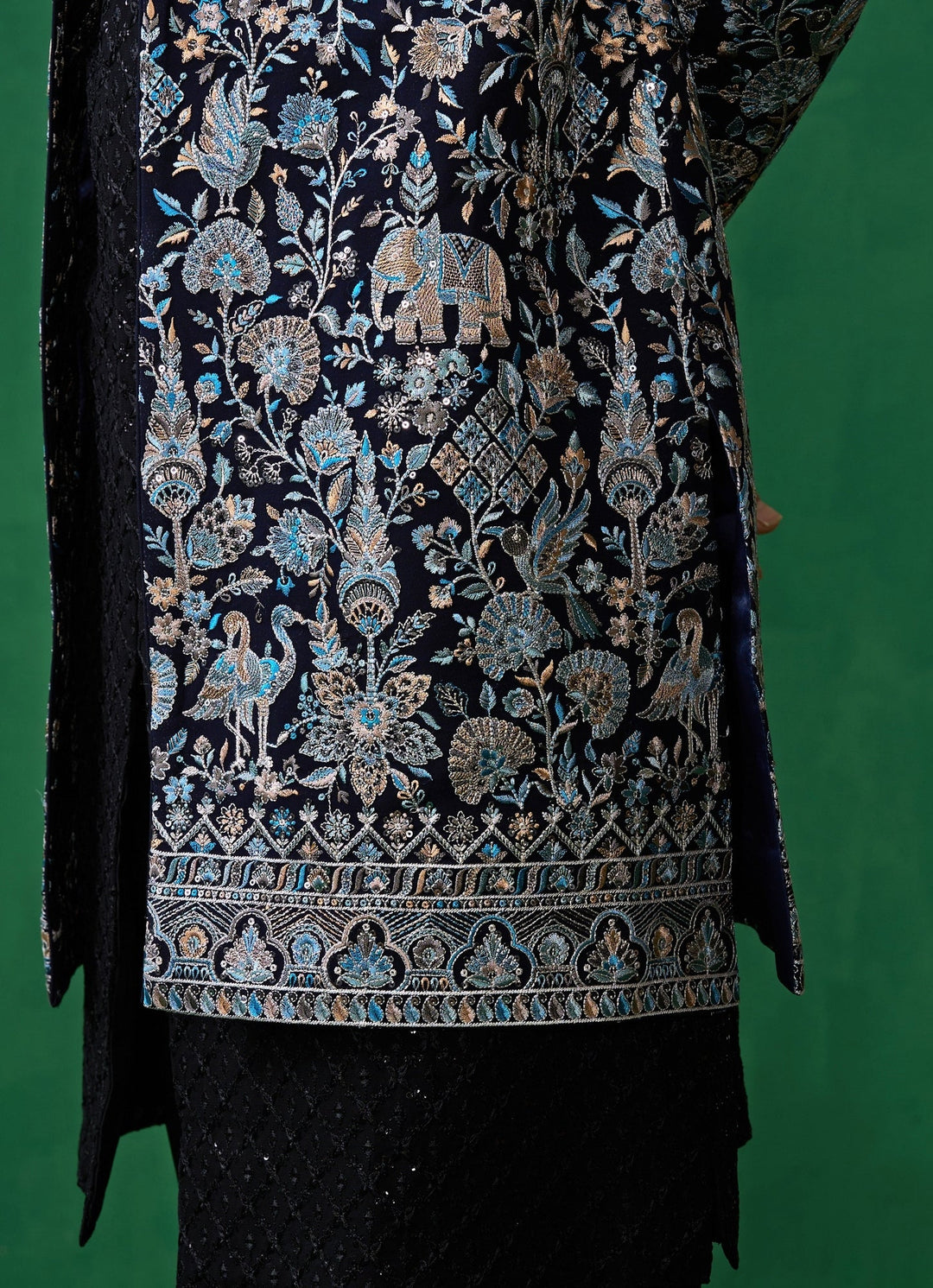 Navy Blue Embroidered Georgette Long Jacket Kurta Set Kalpraag - Fabilicious Fashion