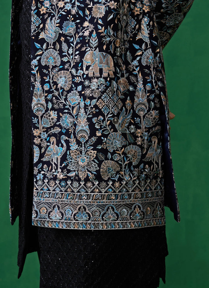 Navy Blue Embroidered Georgette Long Jacket Kurta Set Kalpraag - Fabilicious Fashion