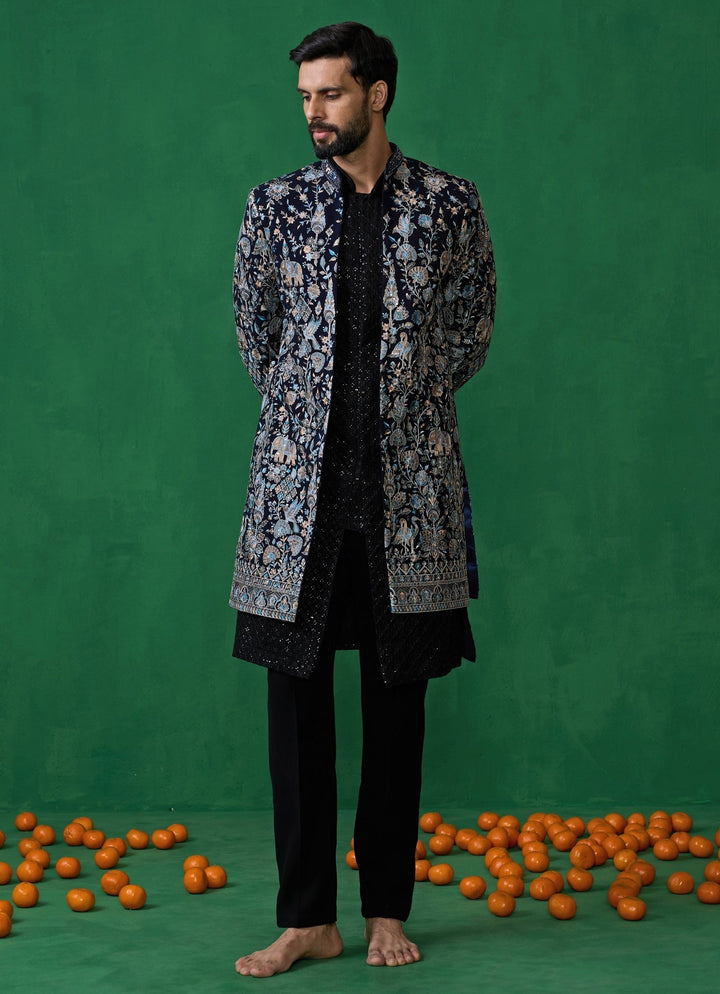 Navy Blue Embroidered Georgette Long Jacket Kurta Set Kalpraag - Fabilicious Fashion
