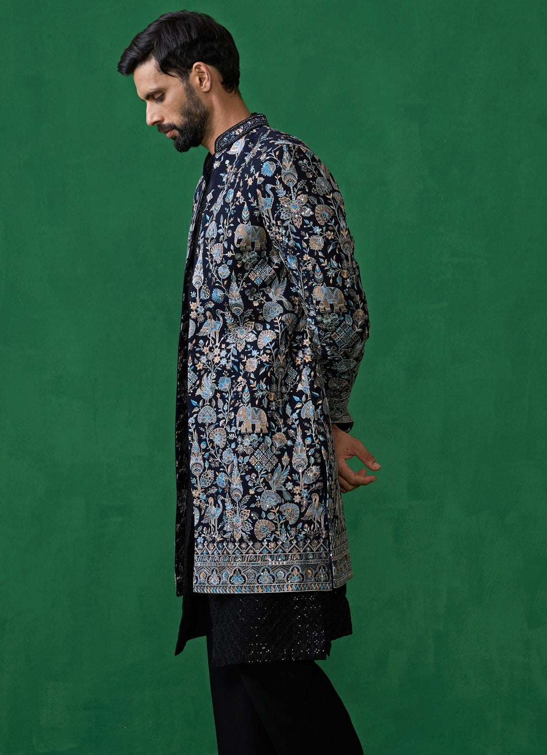 Navy Blue Embroidered Georgette Long Jacket Kurta Set Kalpraag - Fabilicious Fashion