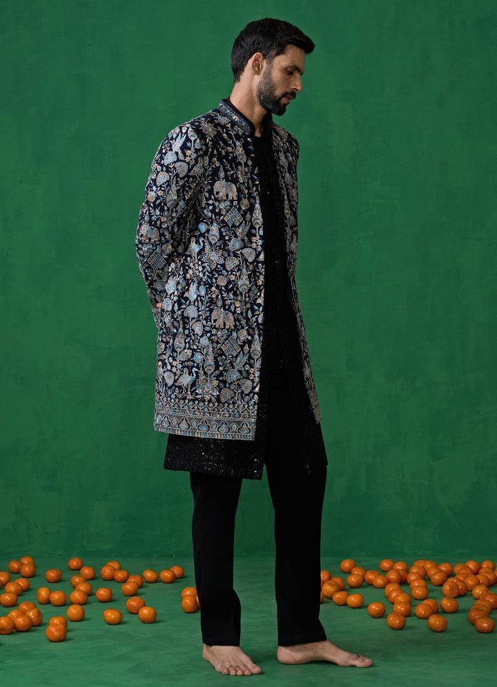 Navy Blue Embroidered Georgette Long Jacket Kurta Set Kalpraag - Fabilicious Fashion