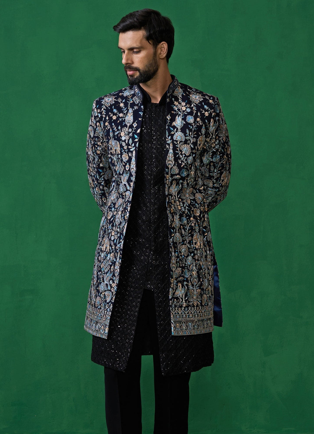 Navy Blue Embroidered Georgette Long Jacket Kurta Set Kalpraag - Fabilicious Fashion