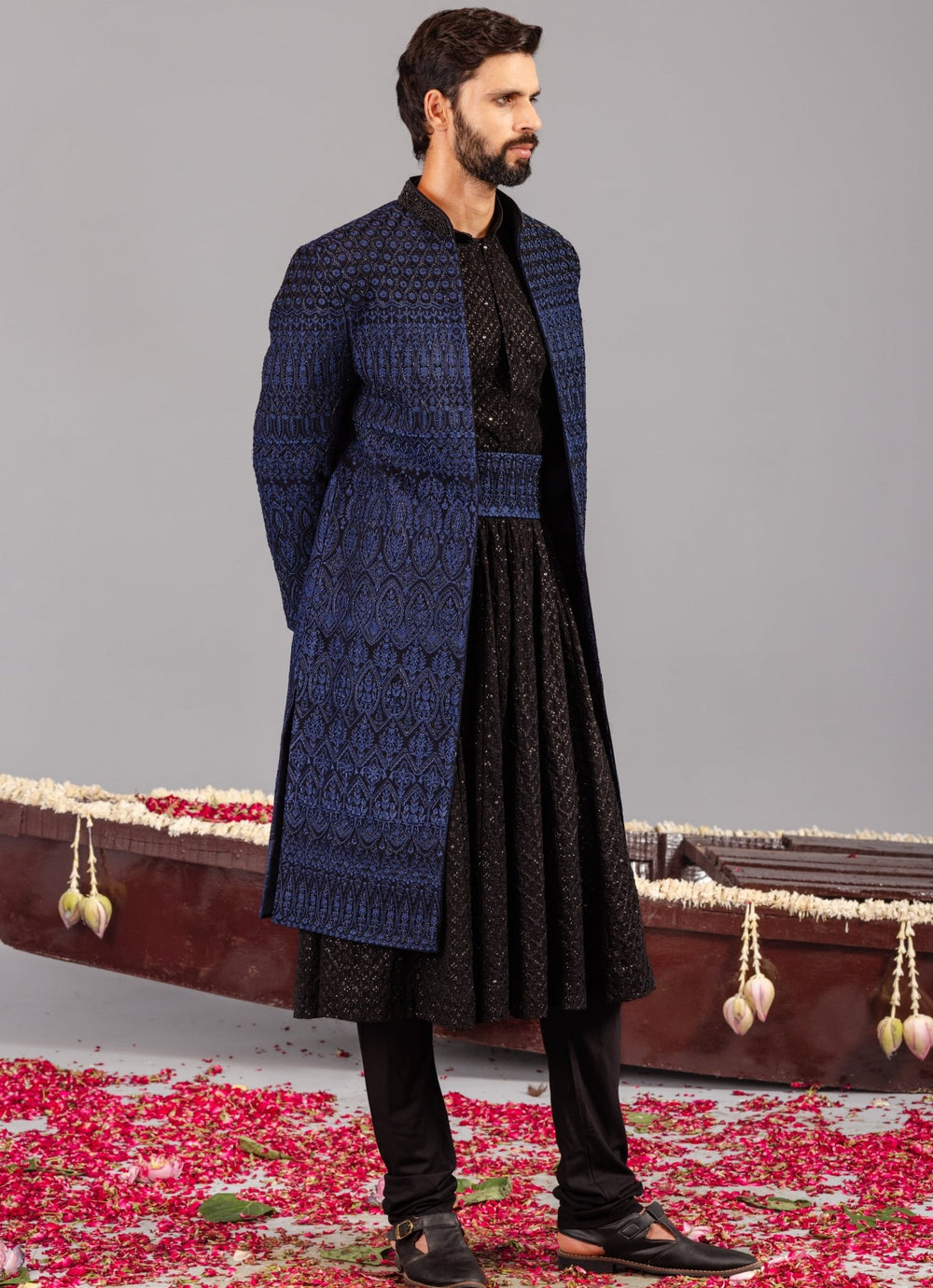 Navy Blue Embroidered Georgette Sherwani Set Kalpraag - Fabilicious Fashion