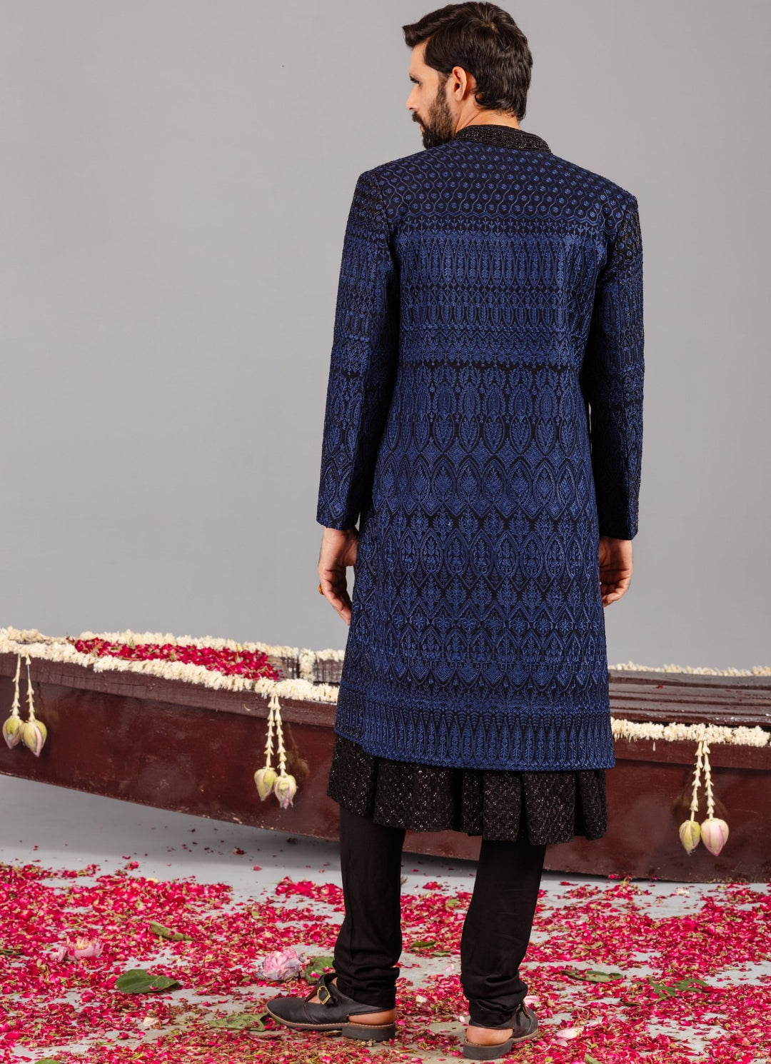 Navy Blue Embroidered Georgette Sherwani Set Kalpraag - Fabilicious Fashion