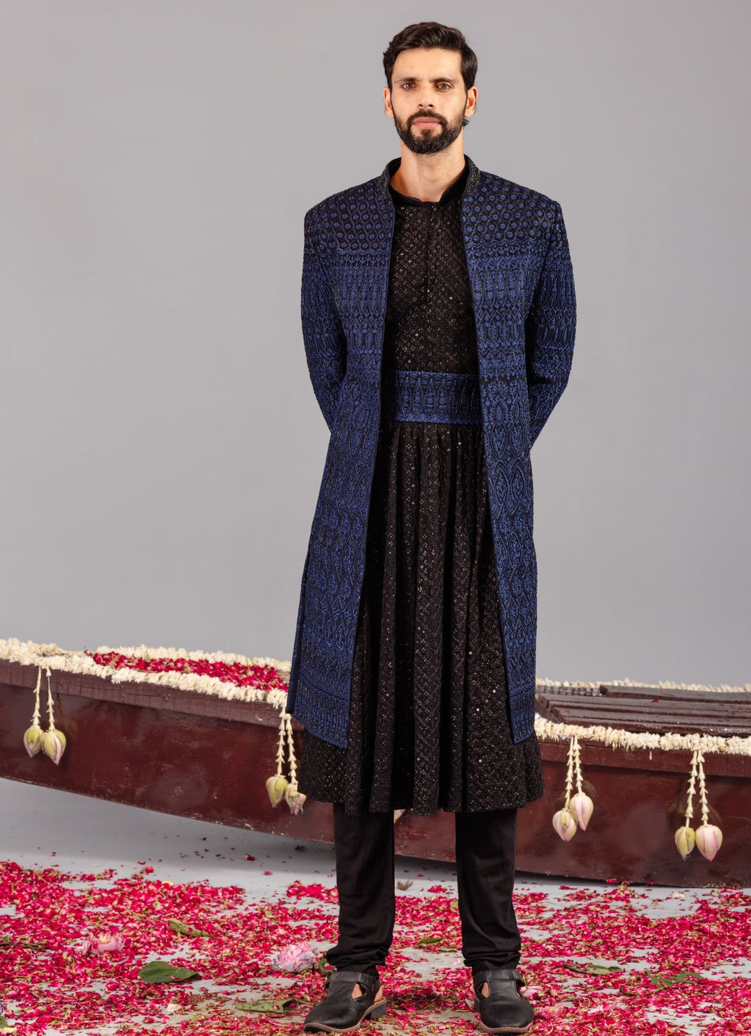 Navy Blue Embroidered Georgette Sherwani Set Kalpraag - Fabilicious Fashion