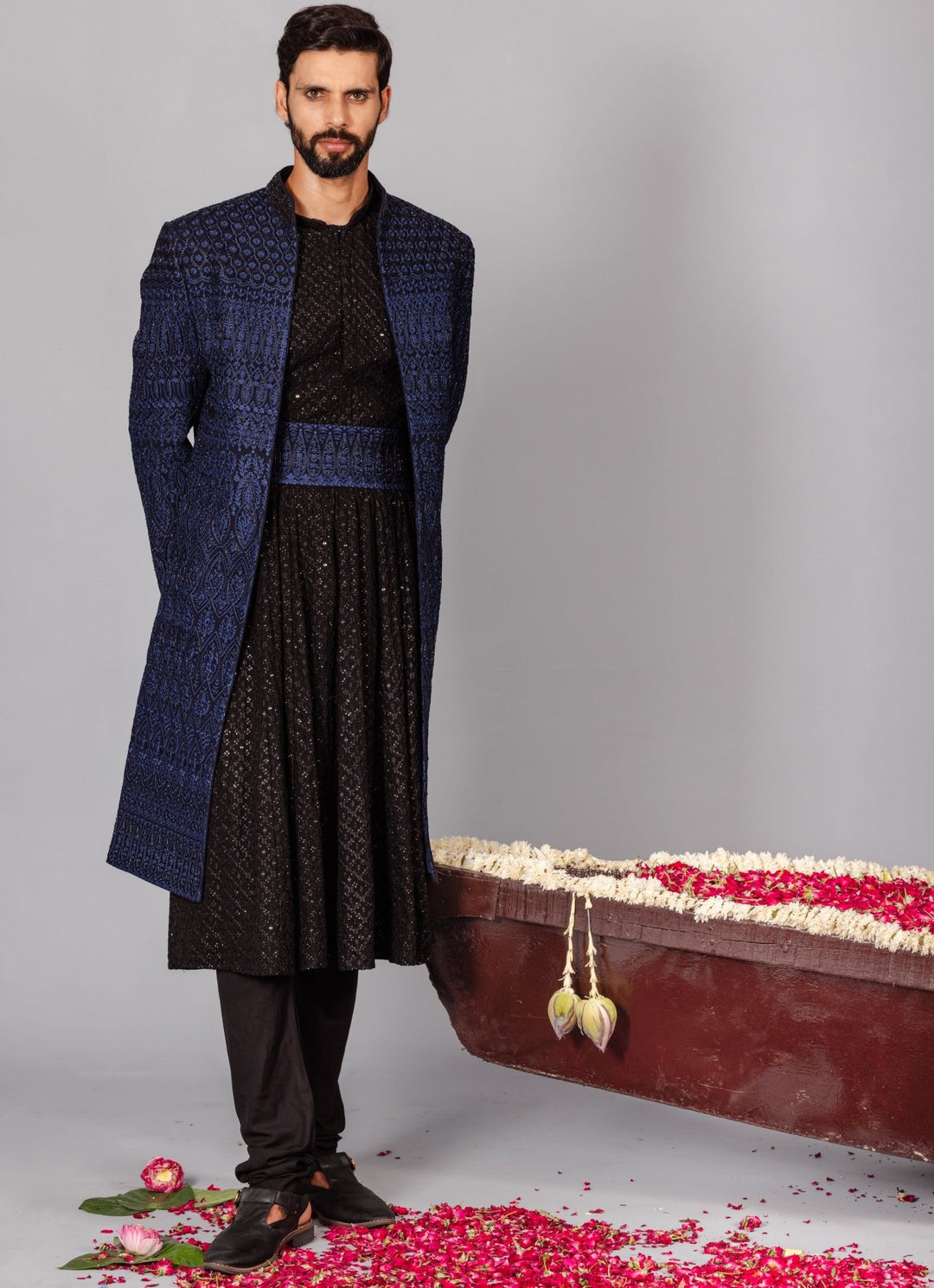 Navy Blue Embroidered Georgette Sherwani Set Kalpraag - Fabilicious Fashion