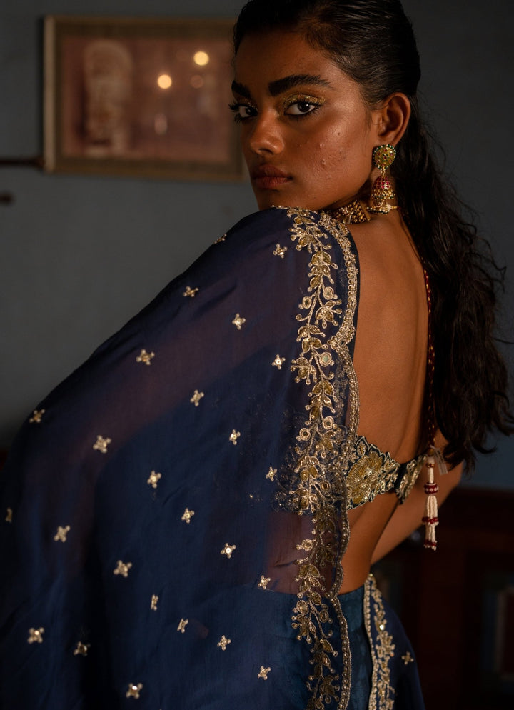 Navy Blue Embroidered Jacquard Lehenga Set Paulmi and Harsh - Fabilicious Fashion