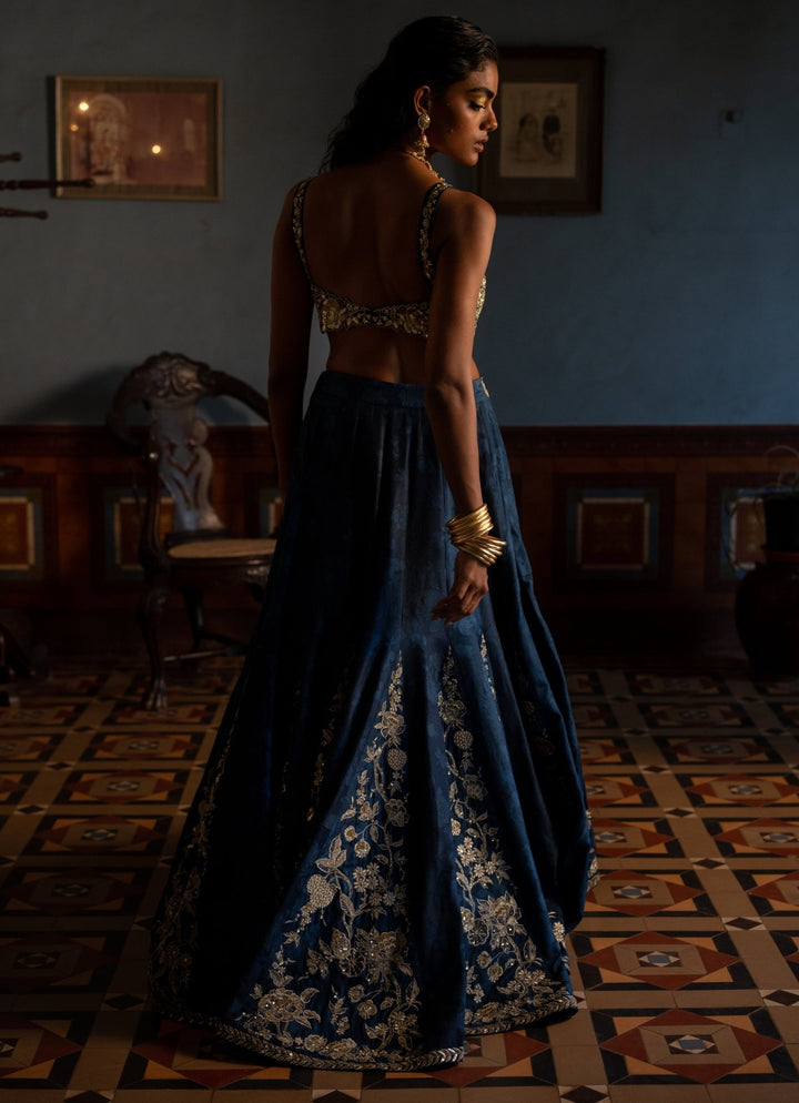 Navy Blue Embroidered Jacquard Lehenga Set Paulmi and Harsh - Fabilicious Fashion