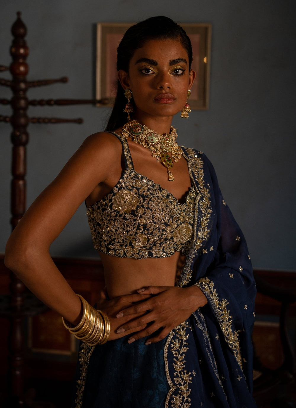 Navy Blue Embroidered Jacquard Lehenga Set Paulmi and Harsh - Fabilicious Fashion