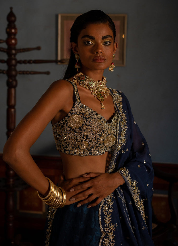 Navy Blue Embroidered Jacquard Lehenga Set Paulmi and Harsh - Fabilicious Fashion