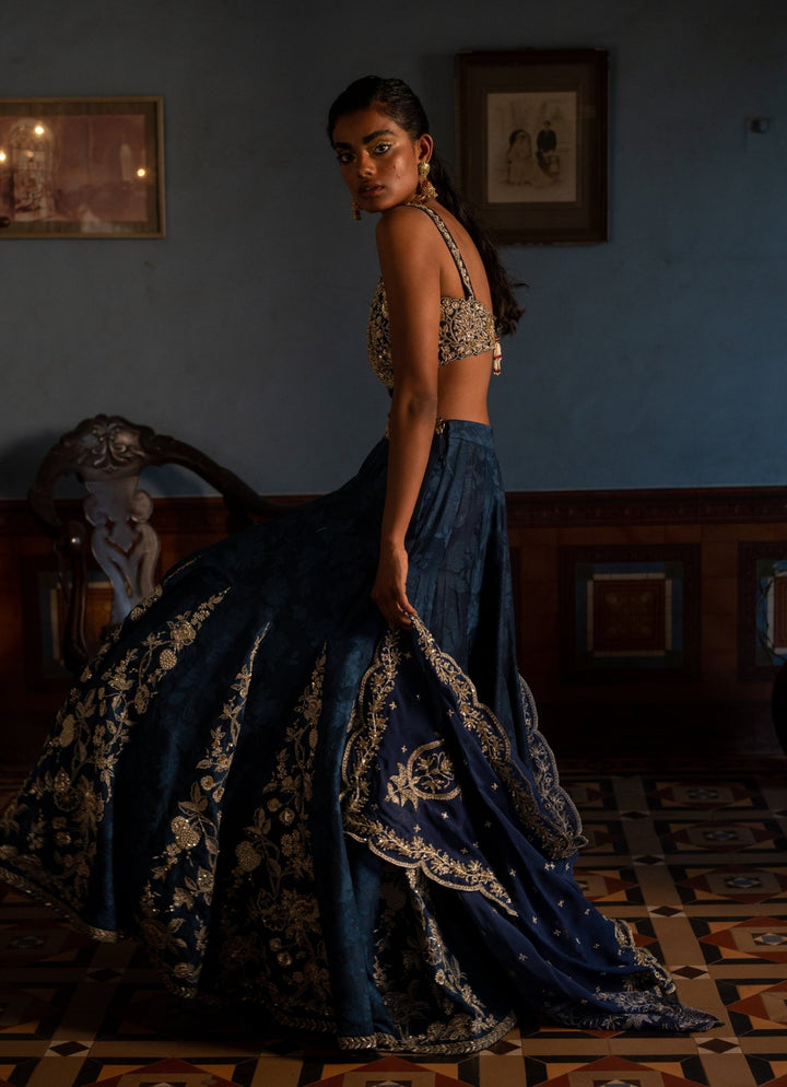 Navy Blue Embroidered Jacquard Lehenga Set Paulmi and Harsh - Fabilicious Fashion